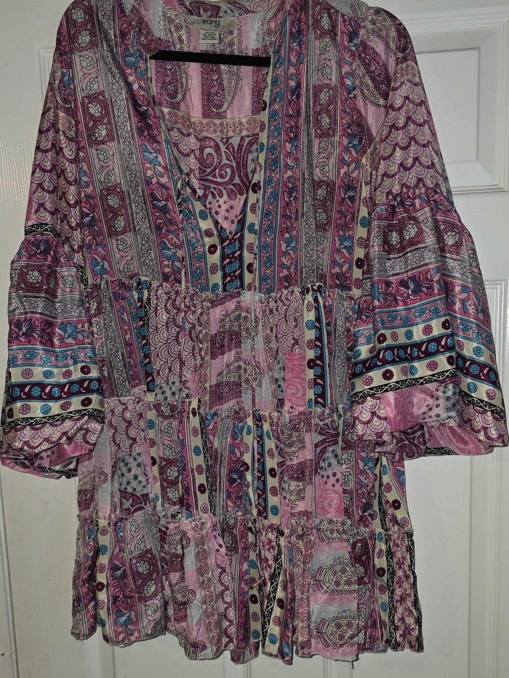 Bohemian Long-Sleeve Tiered Blouse in Pink Paisley